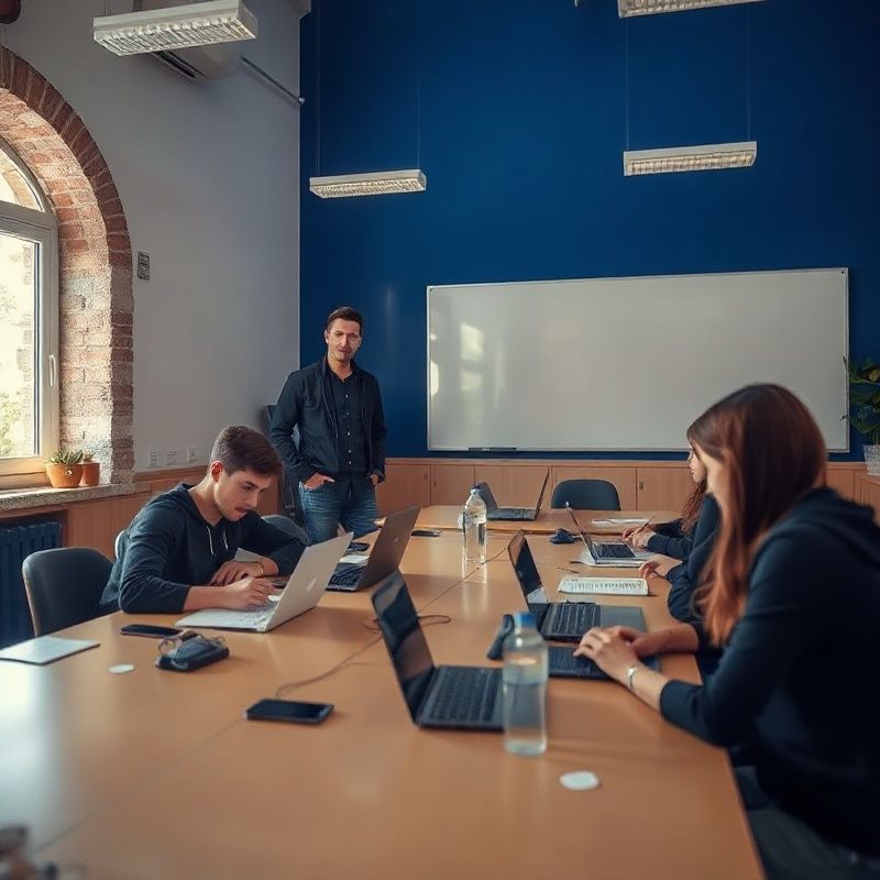 Mala grupa studenata radi na prijenosnicima u indigo-akcentiranoj učionici s mentorom u pozadini