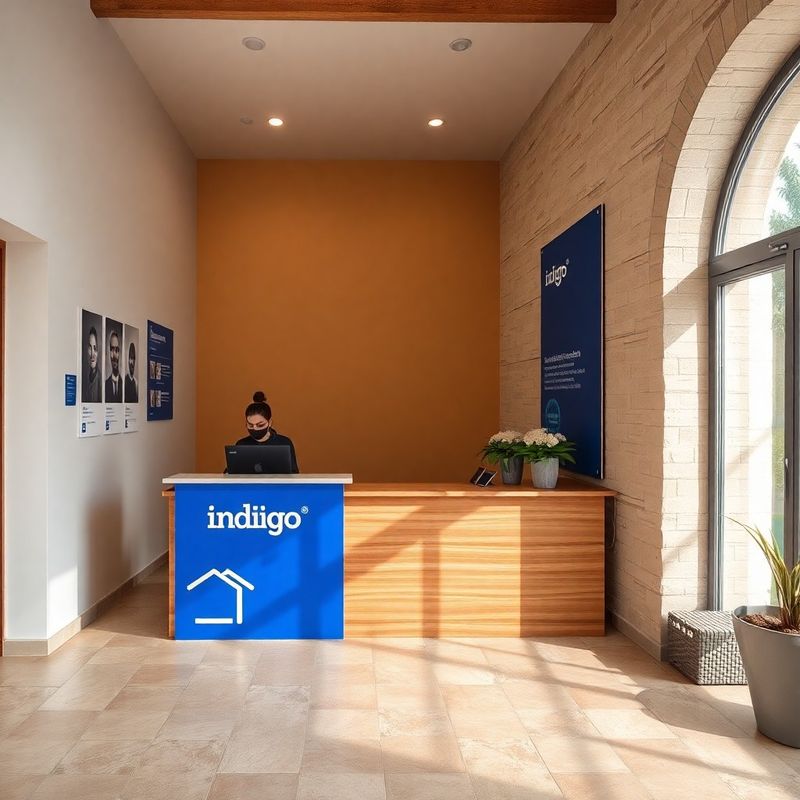Recepcijski pult u predvorju obrazovne ustanove s indigo detaljima i prirodnim svjetlom